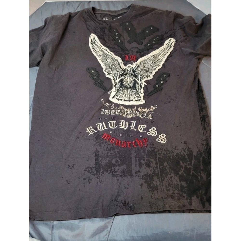Y2K Monarchy Los Angeles Embroidered Tee Gray Black Graphic Men's Medium Cotton